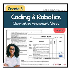 A digital preview of the Coding and Robotics Observation Sheet for Grade 3 in Microsoft Word format, showing a table with columns for learning outcomes and ratings, Pattern Recognition, Algorithms and Coding, Robotics, Digital Concepts, and teacher comments.