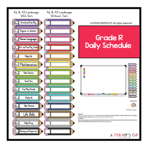 Grade R daily schedule in English, A4 and A3, with/without text, 14 pencils, CAPS-aligned.
