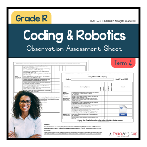 A digital preview of the Coding and Robotics Observation Sheet for Grade R in Microsoft Word format, showing a table with columns for learning outcomes and ratings, Pattern Recognition, Algorithms and Coding, Robotics, Digital Concepts, and teacher comments.
