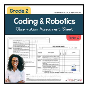 A digital preview of the Coding and Robotics Observation Sheet for Grade 2 in Microsoft Word format, showing a table with columns for learning outcomes and ratings, Pattern Recognition, Algorithms and Coding, Robotics, Digital Concepts, and teacher comments.