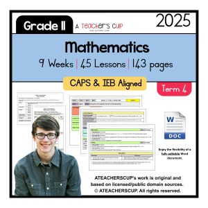 Grade 11 Mathematics Term 4 Planning cover, showcasing CAPS & IEB alignment, 9-week overview, and 45 Inquiry-Based lesson plans.
