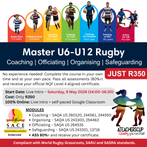 Colorful promotional banner for the Master U6-U12 Rugby online course. Horizontal timeline shows diverse young rugby players (boys and girls, various ages and ethnicities) progressing through development stages: Active Start (0-5), FUNdamentals (5-8), Learning to Train (9-11), Training to Train (11-15), Training to Compete (15-21), Training to Win (18+), and Active for Life (any age). Bold headline “Master U6-U12 Rugby” with sub-headline “Coaching | Officiating | Organising | Safeguarding”. Prominent “JUST R350” price tag, start date “Saturday, 9 May 2026 (14:00–16:30)”, 100% online format, NQF Level 4 aligned certificate, SACE endorsement logo, ATEACHERS CUP logo, and compliance statement with World Rugby, SARU and SASRA standards.