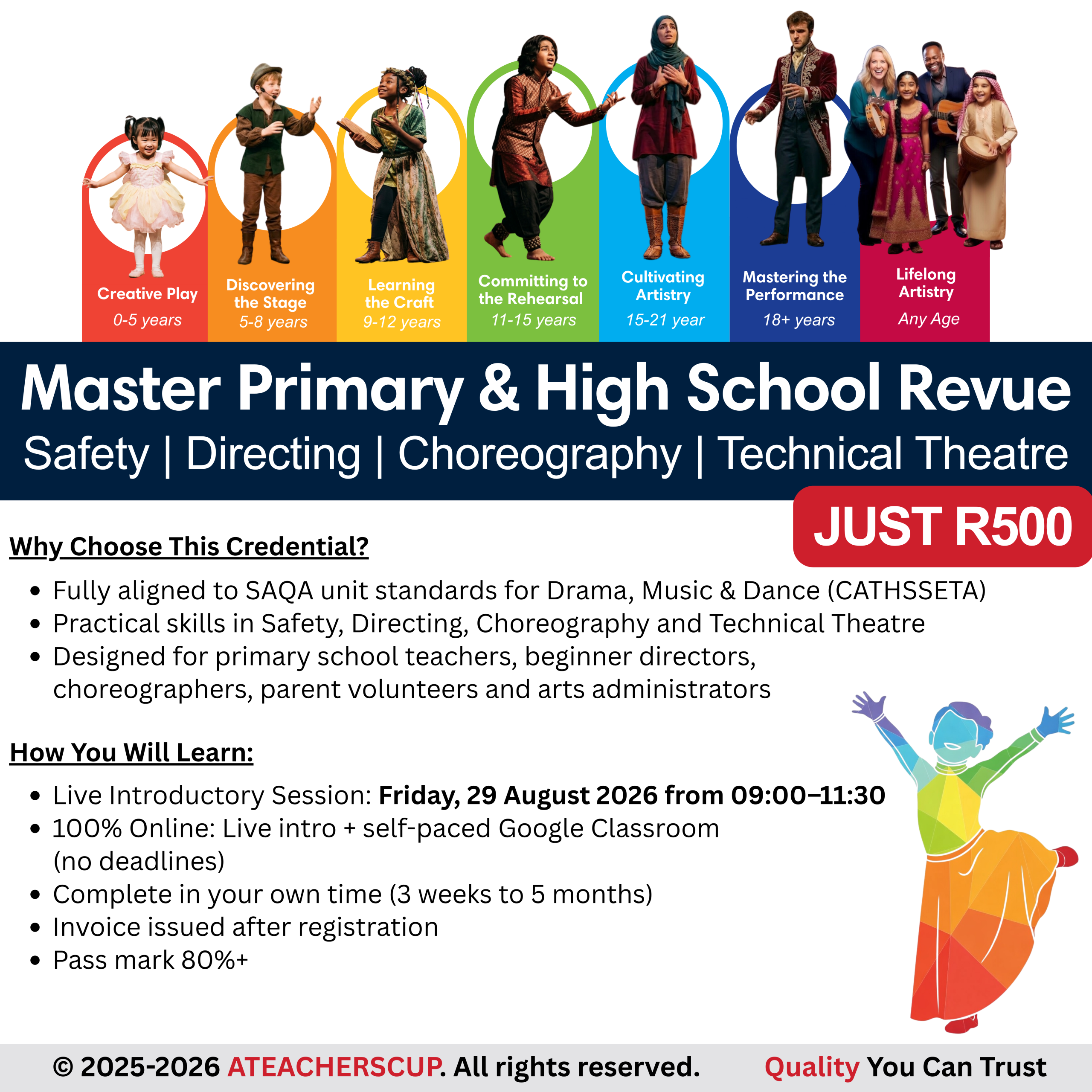 Master School Revue – Safety, Directing, Choreography & Tech | ATEACHERSCUP Promotional graphic for Master School Revue course by ATEACHERSCUP covering Safety, Directing, Choreography and Technical Theatre, NQF Level 4 aligned, R500, live session on 29 August 2026.